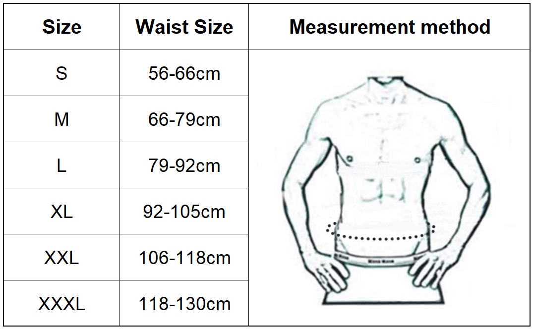 Tabla original del fabricante: cintura S 56–66 cm, M 66–79 cm, L 79–92 cm, XL 92–105 cm, XXL 106–118 cm y XXXL 118–130 cm; diagrama de medición de cintura.